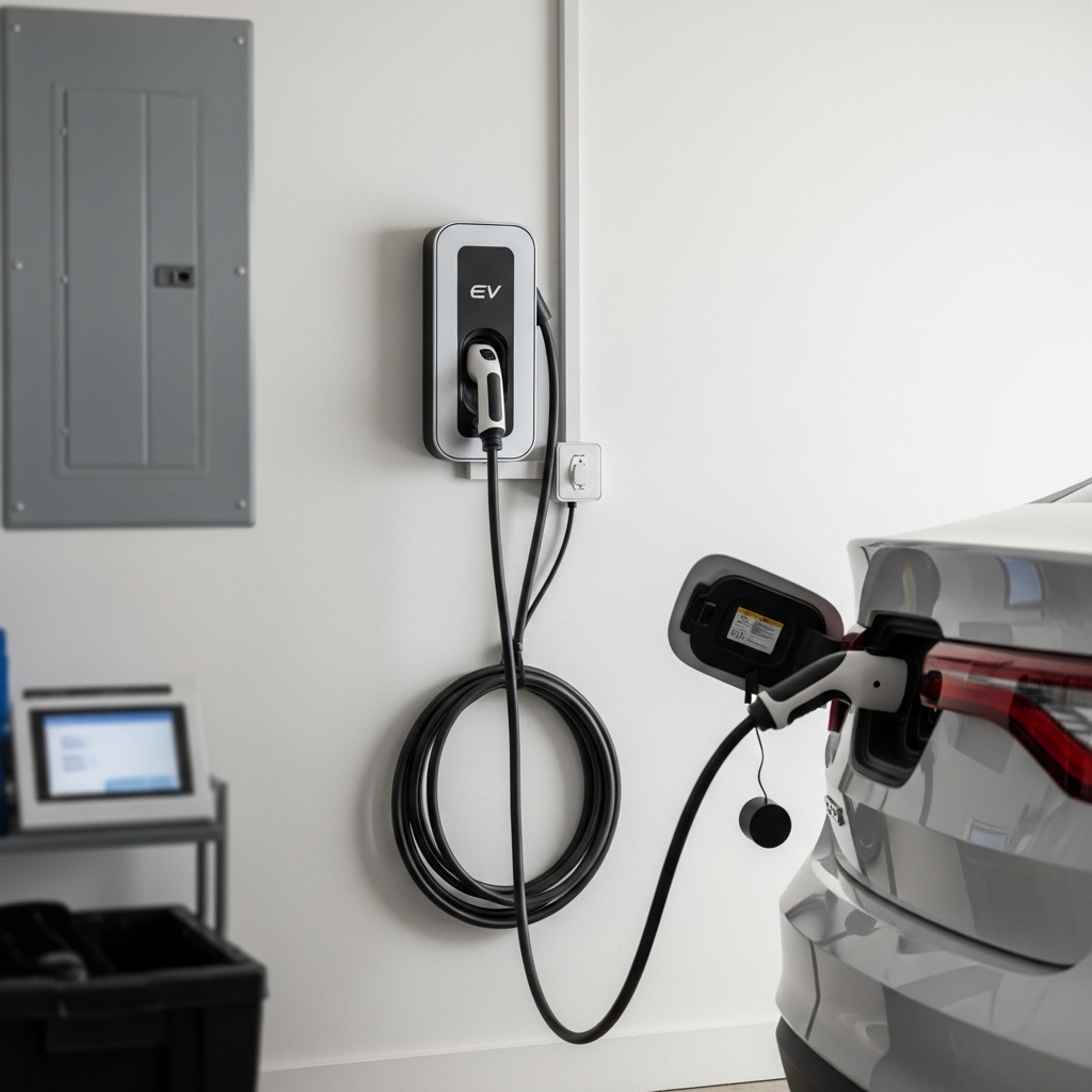 Old Home EV/Electrical Modernizer Level 2 EV charger installation with 240V dedicated circuit in garage setting